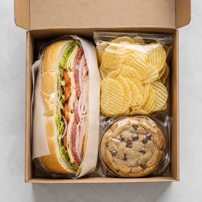 Jersey Mike's boxed lunch catering with sub, chips, and cookie