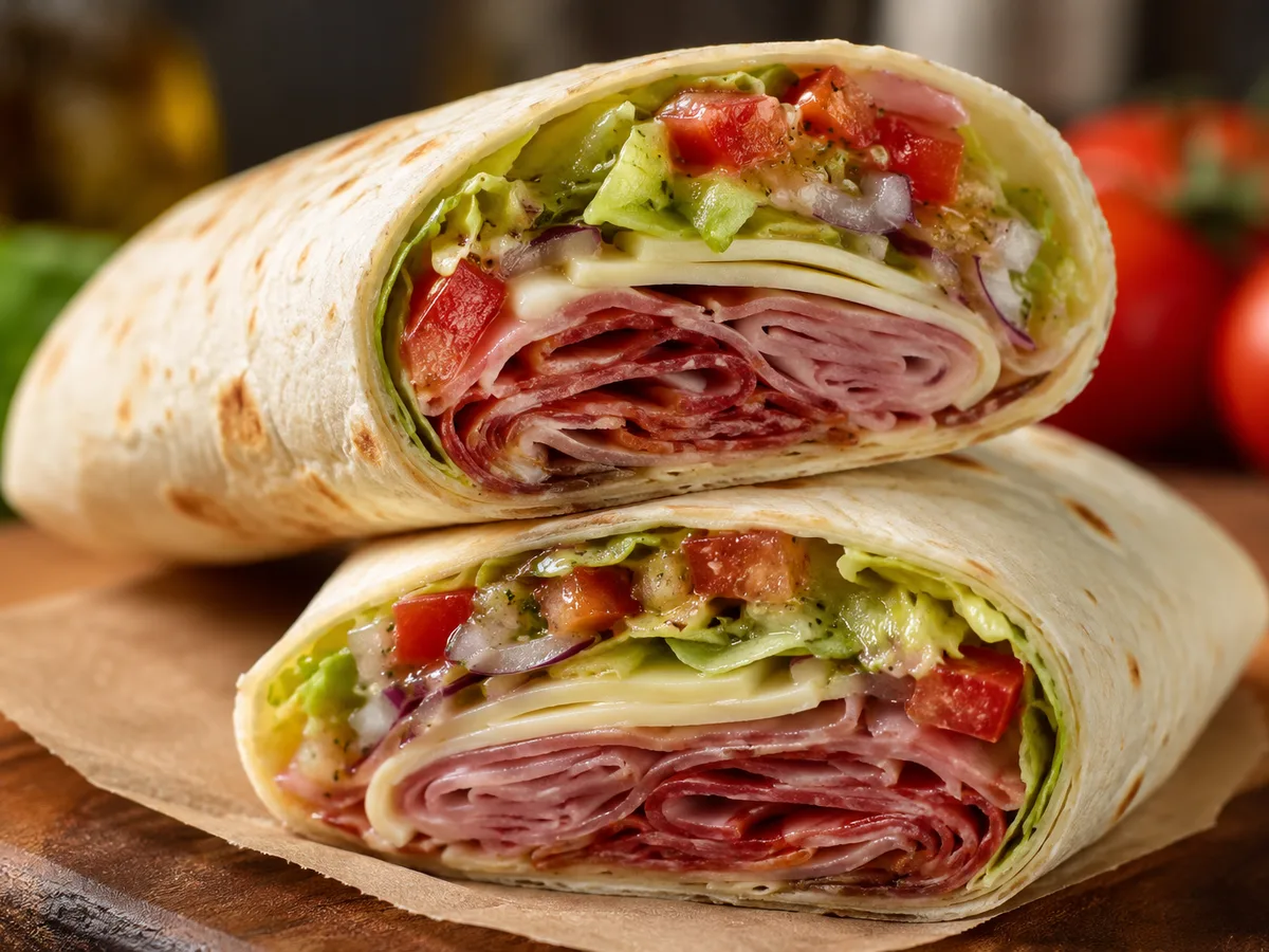 Jersey Mike's wrap cut in half showing fresh-sliced meats, cheese, and Mike's Way toppings