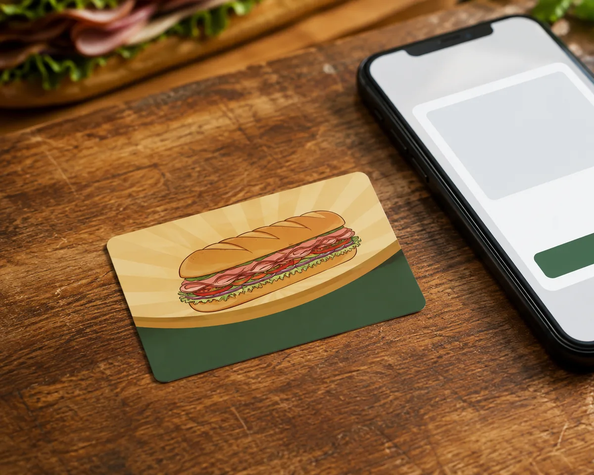 Jersey Mike's style gift card resting on a wood table next to a smartphone