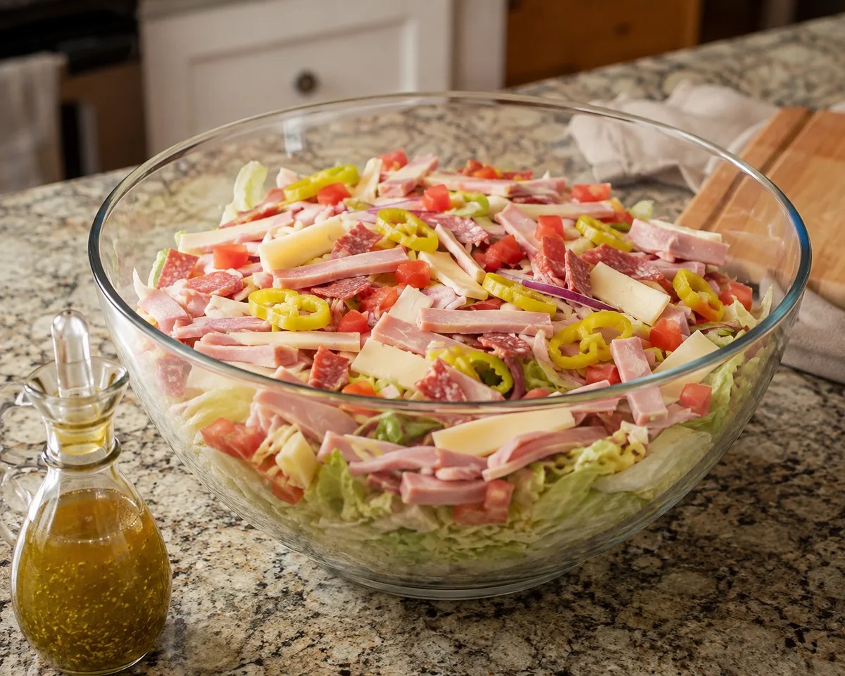 Homemade sub in a tub with deli meats, provolone, lettuce, and oil and vinegar dressing in a glass bowl