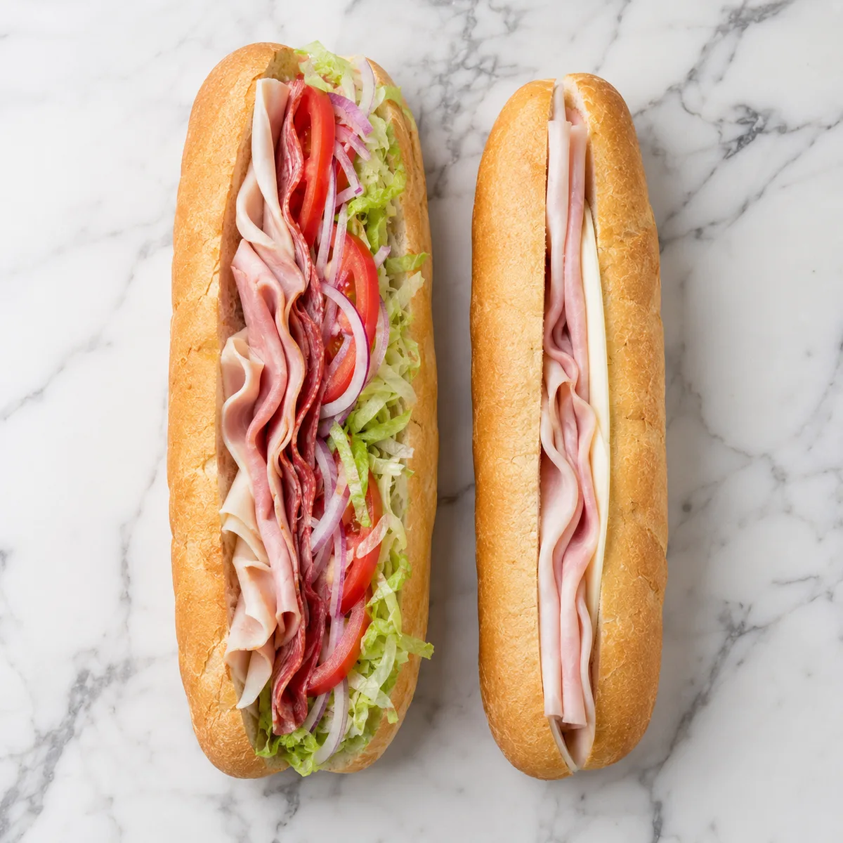Two subs side by side on marble, one hand-sliced and loaded with toppings, one simpler and more compact